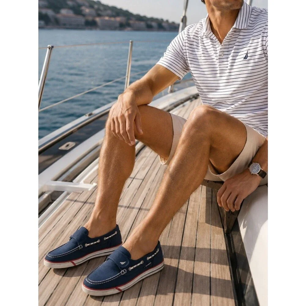Nautica Navy Canvas Slip-On Boat Shoes with Red Accent